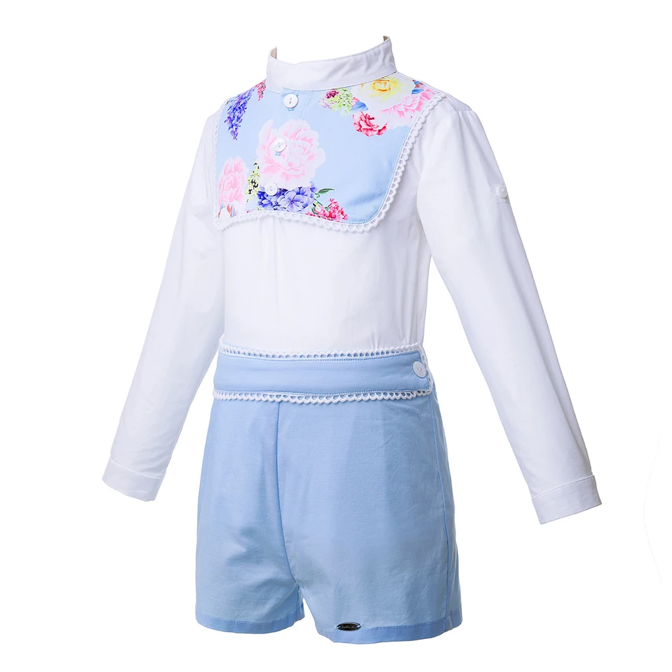Cutestyles новейшая Одежда для мальчиков с голубым цветочным принтом подставка из набора Топ с воротником+ шорты Бутик детский свадебный наряд B-DMCS105-B263