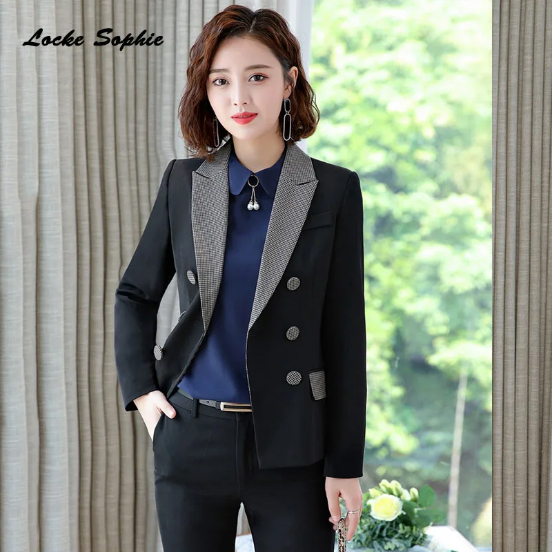 Women's Plus size Blazers coats 2019 Autumn cotton blend Splicing Double-breasted Small Suits jackets ladies Skinny Blazers Suit