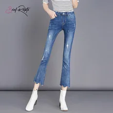 Короткие джинсы, джинсовые брюки-клёш, узкие брюки, эластичные, прочные, модные, средняя талия