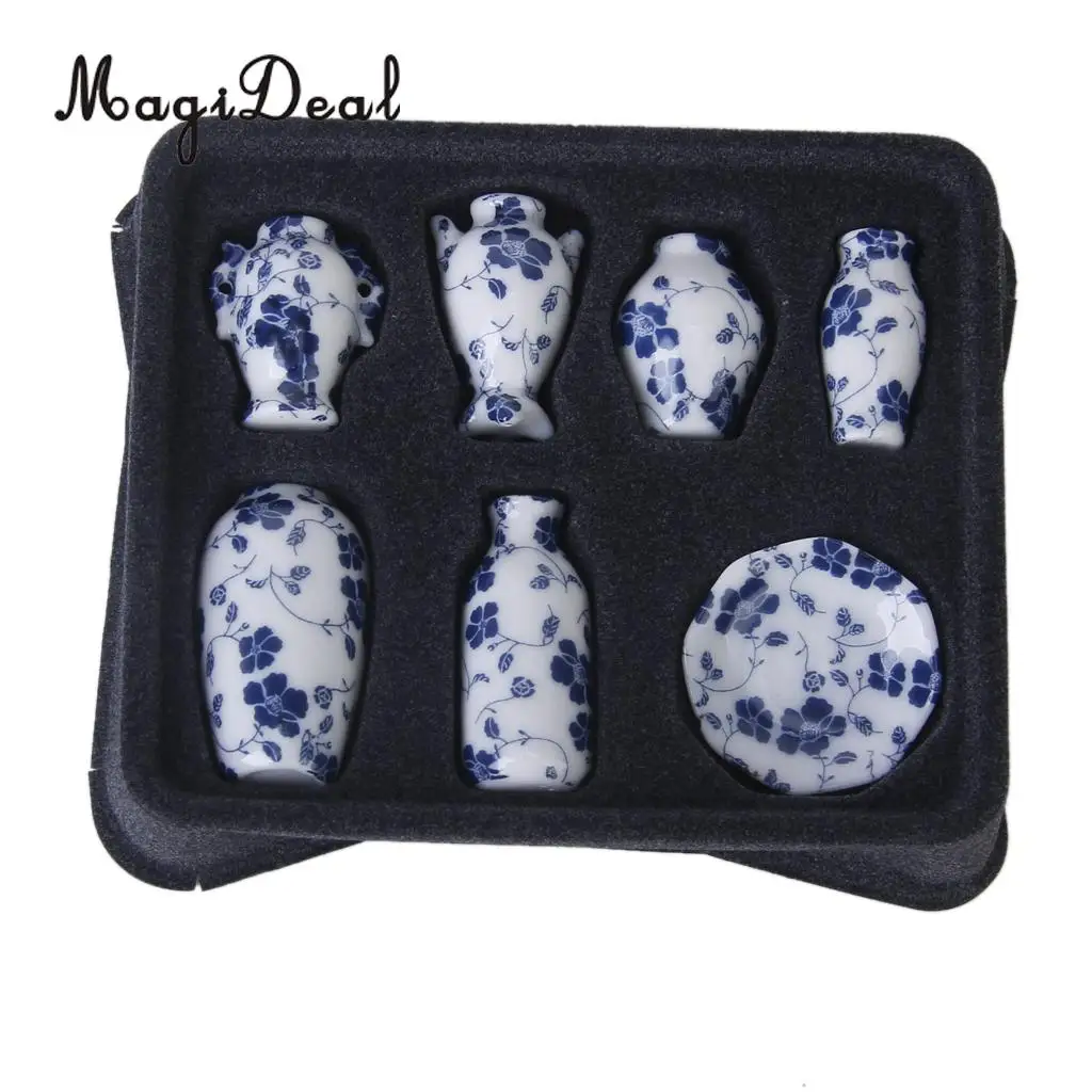 7Pcs/Set 1/12 Miniature Dollhouse Porcelain China Ceramic Chinese Porcelain Vase Blue Vine for Dolls Home Furniture Decor Toys