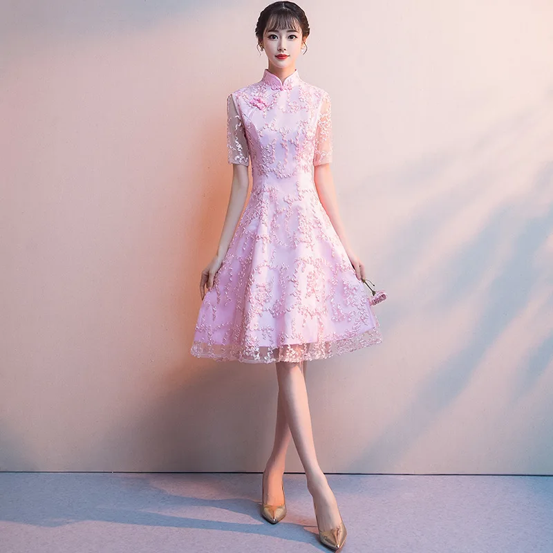 pink Шампанское кружево традиционные китайское платье Qipao женские вечерние платья Винтаж Cheongsam для женщин невесты Короткие Современные платье - Цвет: pink