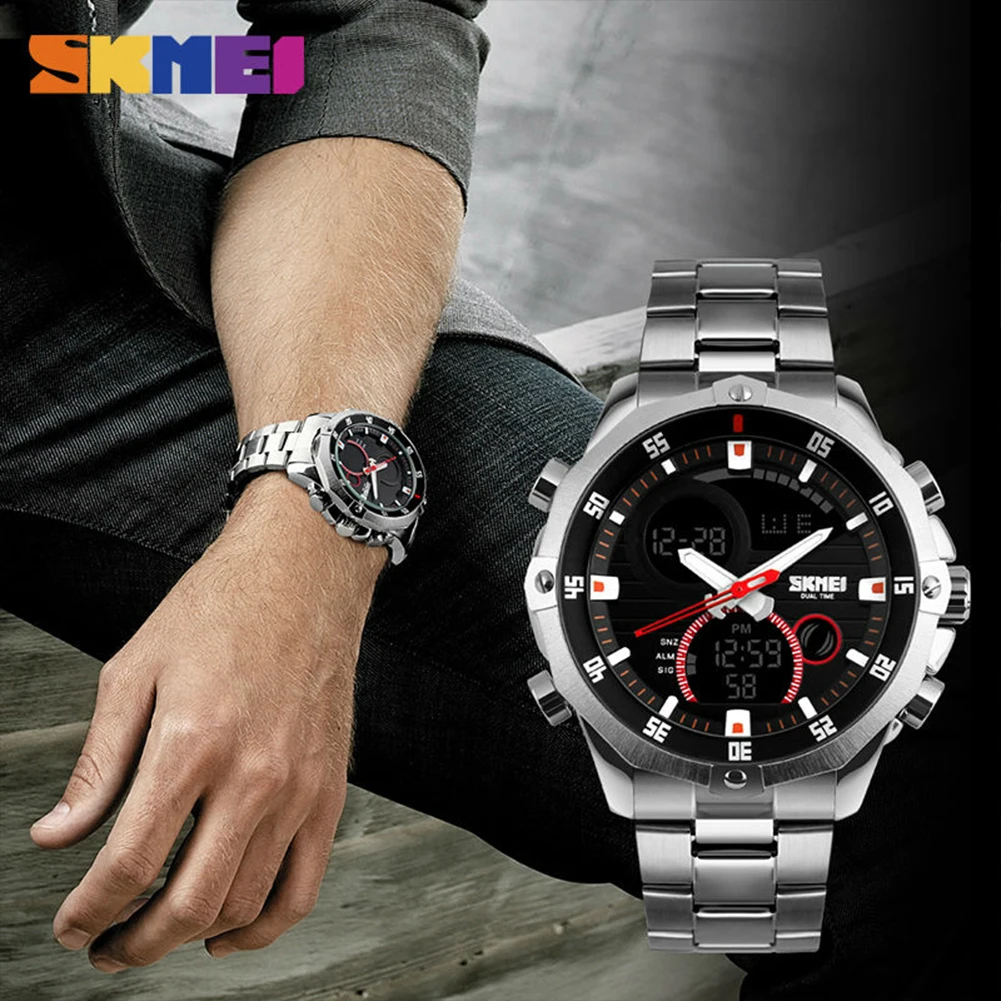 

Fashion Men Quartz Wristwatches Waterproof LED Digital Alarm Stainless Steel Strap EL Backlight 30M Water Resistant