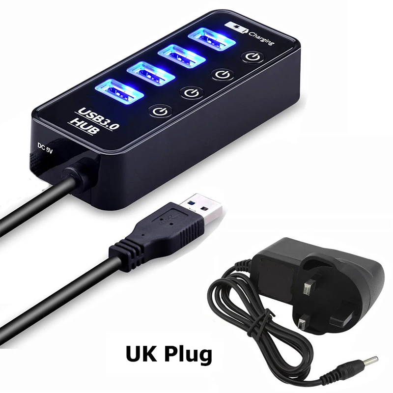 4 Ports UK Adapter USB HUB 3,0 4/7 Порты USB 3,0 концентратор с зарядным Порты и разъёмы USB hab высокое Скорость 5 Гбит/с 5V2A Мощность адаптер для портативных ПК - Цвет: 4 Ports UK Adapter