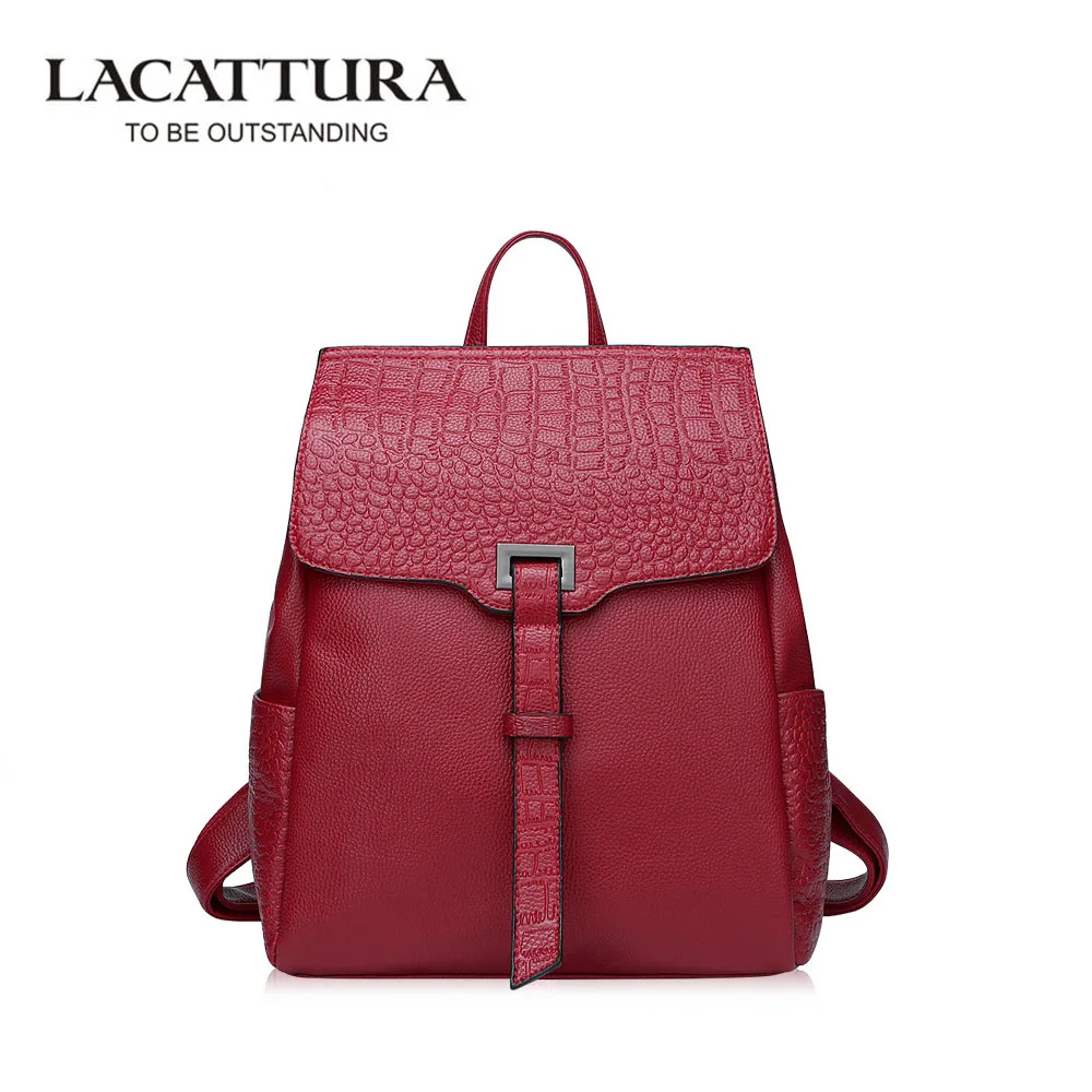 LACATTURA Alligator Female Backpack Fashion Genuine Leather Girl Backpack School Casual Wind Bag Backpack Shoulder Bag