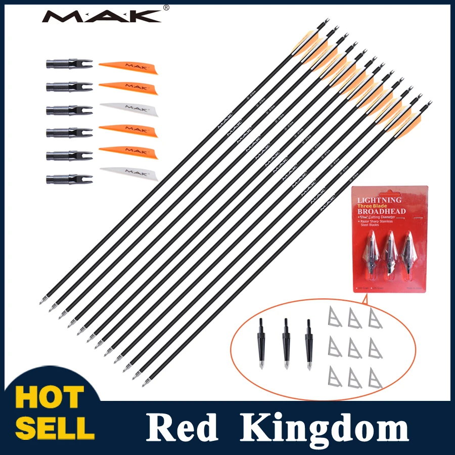

12PC 30 inches Spine 500-600 Pure Carbon Arrows with OD 7.8 And Changeable Arrow Head for Compound and Recurve Bow Hunting