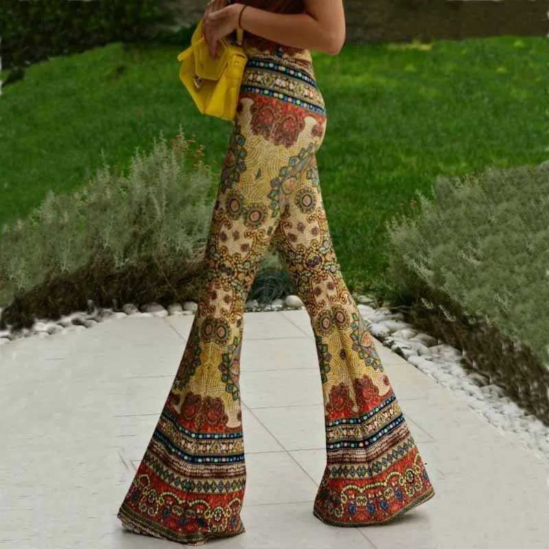 Летние хипстерские обтягивающие женские брюки в стиле ретро с принтом, широкие брюки, большие расклешенные женские брюки с высокой талией, повседневные женские брюки