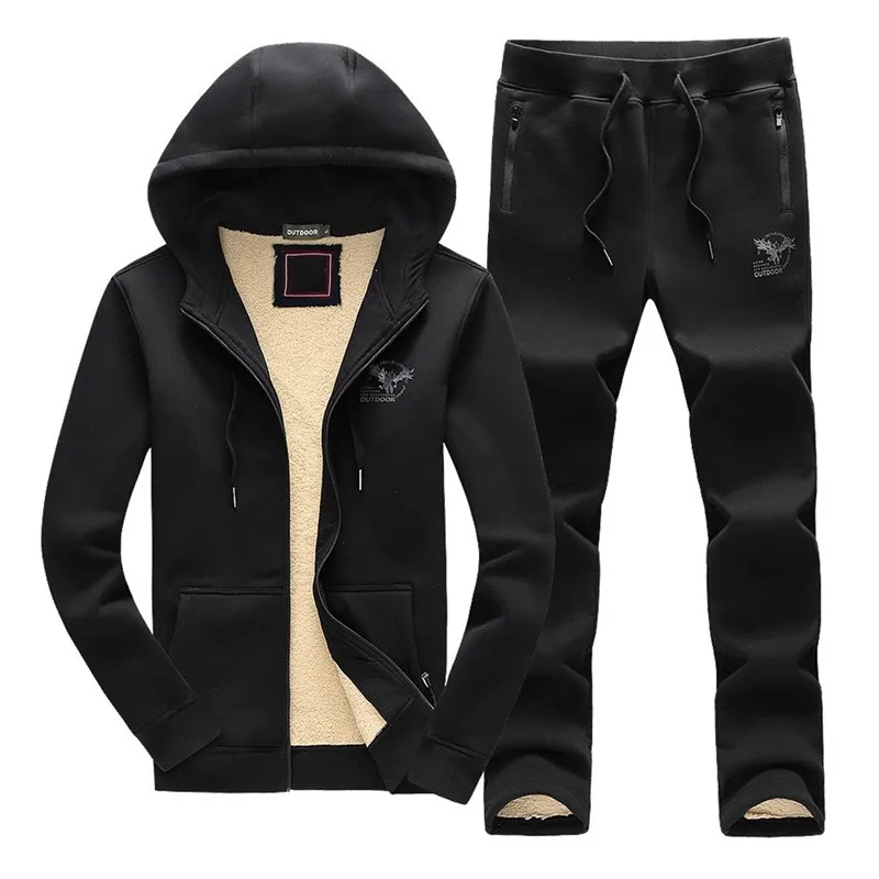 Новая зимняя повседневная толстовка с капюшоном, мужские комплекты из двух предметов, фирменный хлопковый плотный теплый спортивный костюм, штаны для мужчин размера плюс 3XL, спортивный костюм - Цвет: Black