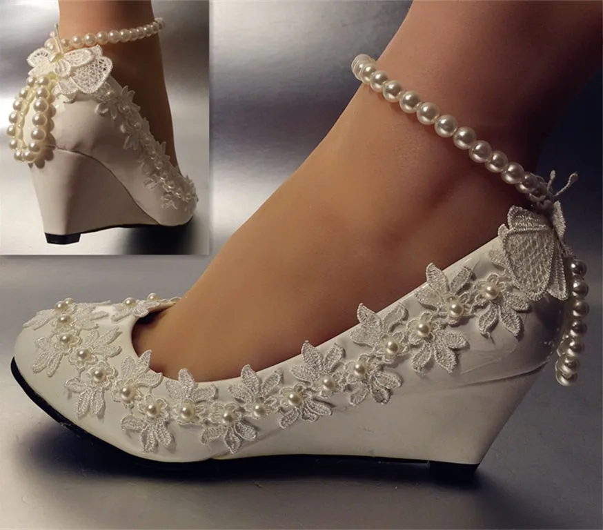 

New design fashion wedges heel spike low high heeled white wedding shoes womens ankle pearls butterfly bridal shoe