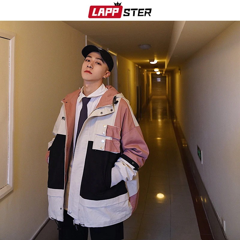 LAPPSTER Men Oversized Streetwear 2019 Bomber Jackets 2019 Patchwork Color Block Cargo Windbreaker Jackets Coats Korean Clothes