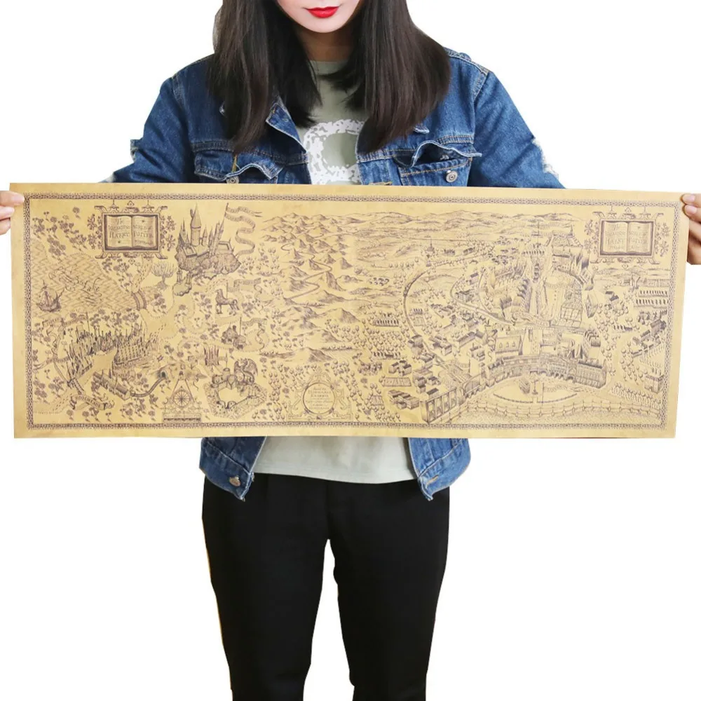 

2 pcs Harry Potter Magic World Map Famous View Kraft Paper Cafe Bar Poster Retro Poster Decorative Painting 72x26cm