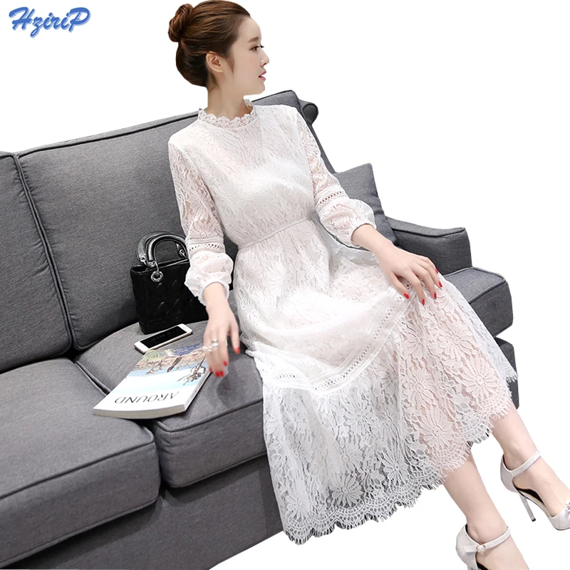 2017 New Spring Autumn Long Lace Dress Plus Velvet Thick Warm Slim Plus Size S-3XL Elegant Sweet Maxi Black White Dress Vestidos long-white-lace-dress