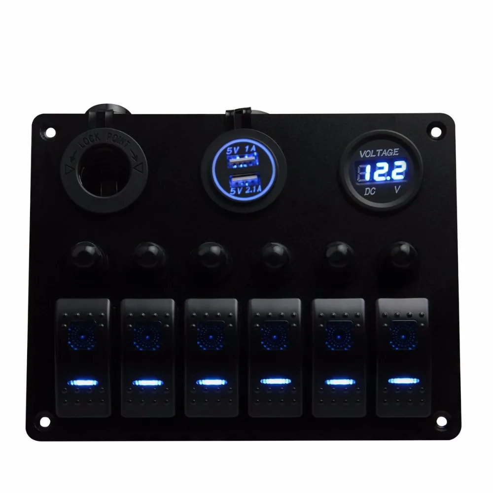 

6Gang Metal Board LED Rocker Blank Switch Panel with Circuit Breakers&Digital Voltmeter+12V Cigarette Socket & USB Power Charger