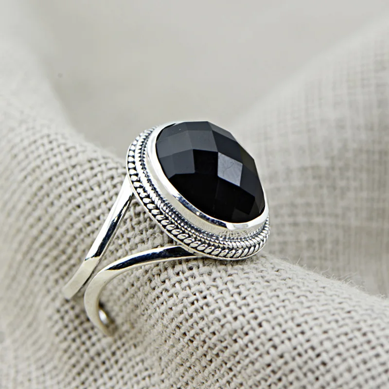 Настоящее чистое серебро 925 кольца натуральный черный Агат Граненый начальные Подарки для женщин натуральный камень изменяемый размер хорошее ювелирное изделие Anelli