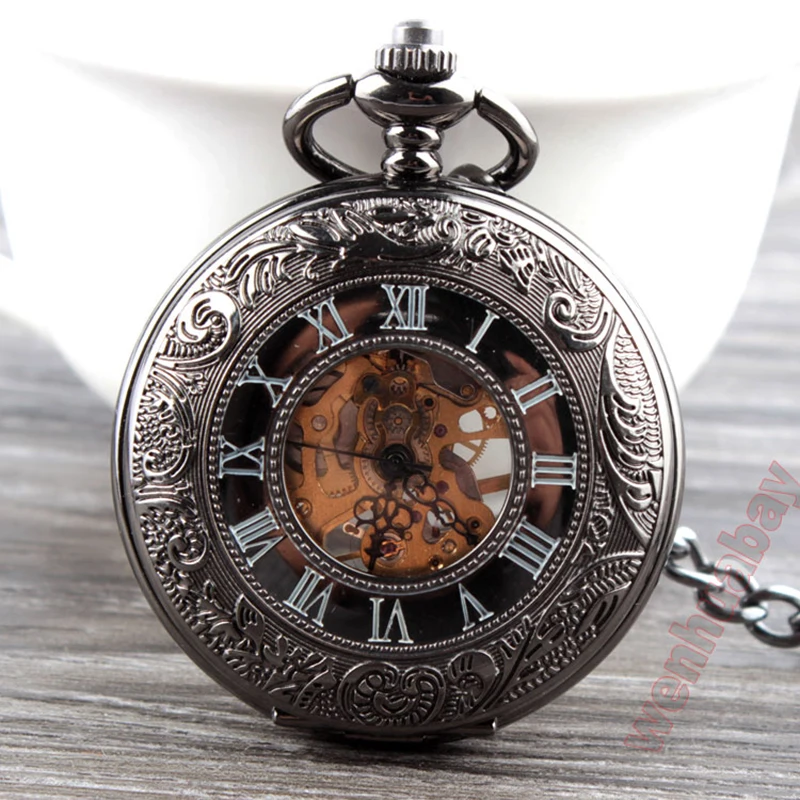 Retro Unique Openwork Black Stainless Steel Mechanical Pocket Watch