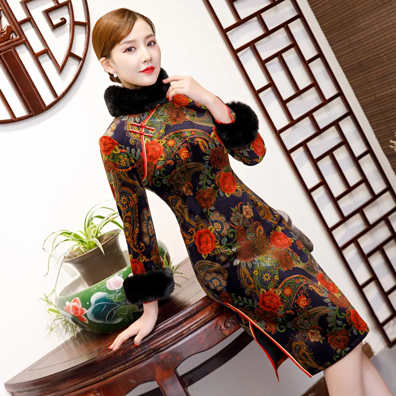 

Sexy Noble Knee Length Cheongsam 2019 New Spring Vintage Chinese style Dress Womens Qipao Slim Party Dresses Button Vestido
