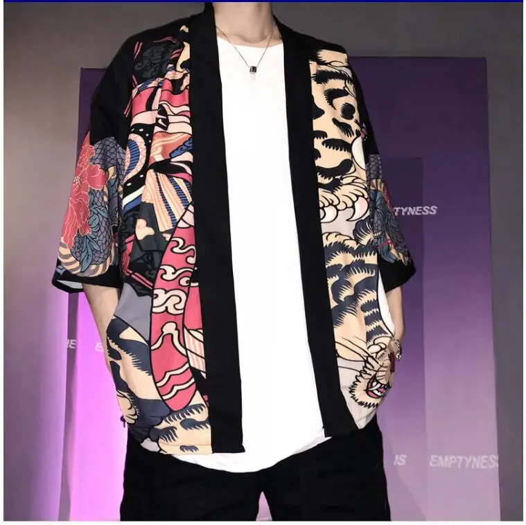 impressão quimono cardigan preto quimono casaco masculino streetwear outwear