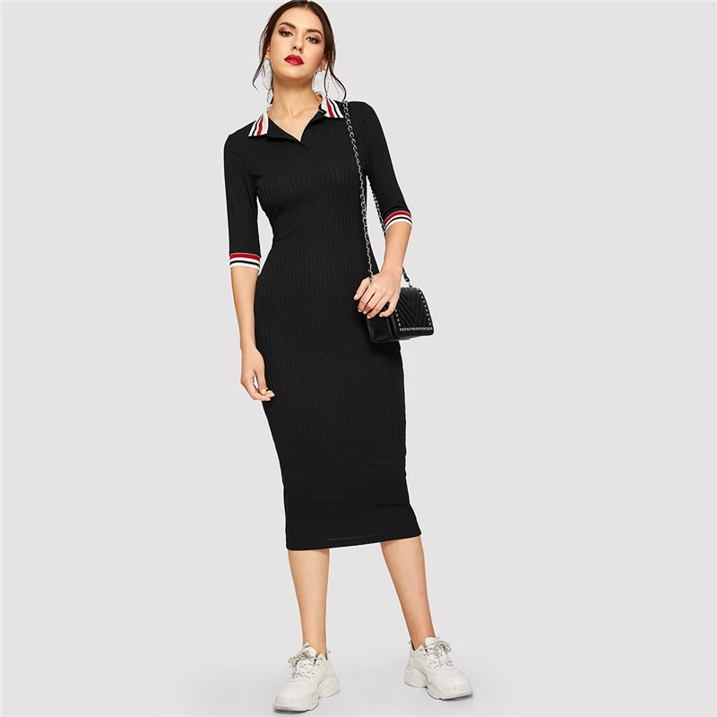 SweatyRocks, трикотажное платье в полоску с воротником, уличная одежда, рукав до локтя, женская элегантная одежда, весеннее облегающее Черное длинное платье