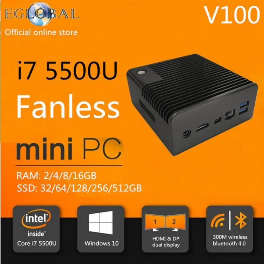 Lowest Price 5gen i7 5500U Processor Eglobal fanless mini PC Windows 10 V100 Nuc Max 3.0GHz Graphics HD5500 HDMI Mini DP 4K HTPC Kodi TVBox