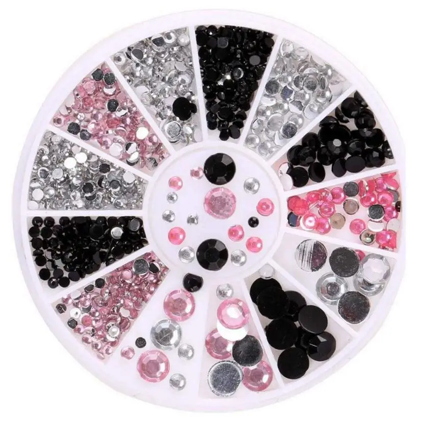 

Beauty Girl 3D Acrylic Nail Art Tips Rhinestones Nail Decoration Round Colorful Glitters With Hard Case DIY Nail Art Decorations