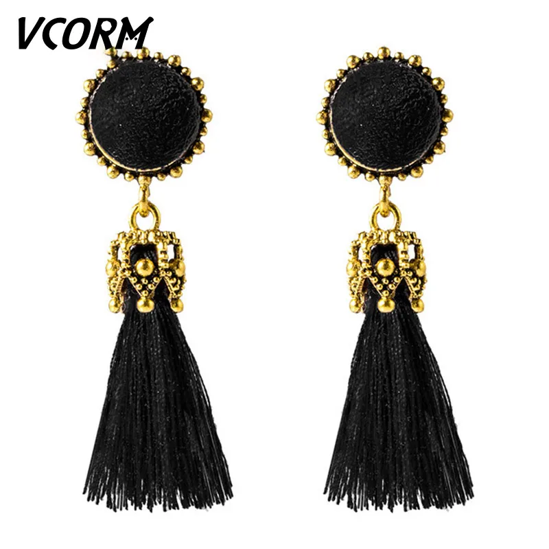 VCORM, богемные золотые длинные висячие серьги с кисточками для женщин, модные серьги с геометрическим помпоном, кристаллами, полимерной бахромой, висячие серьги, ювелирное изделие - Окраска металла: Black 3