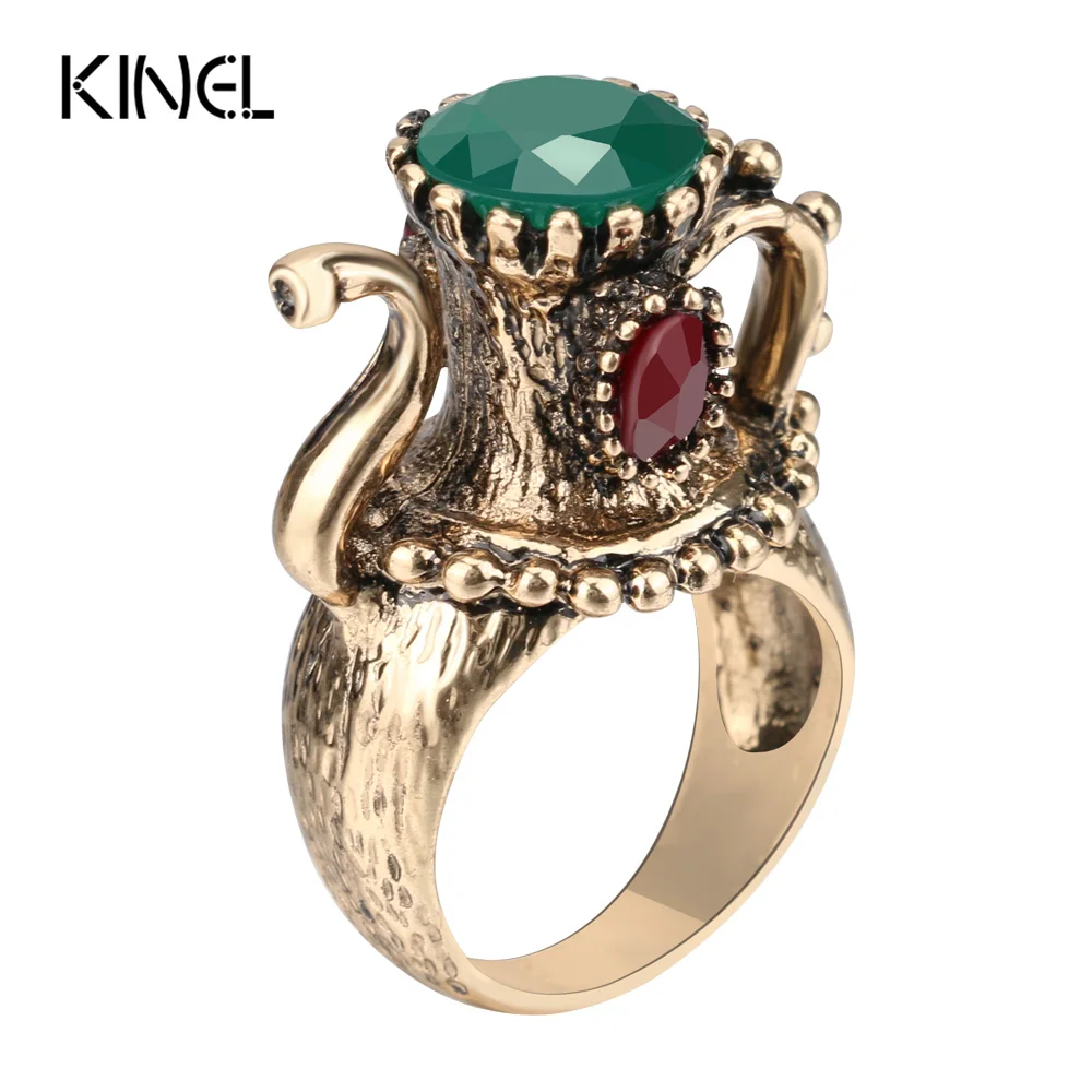

Kinel Wine Jug Antique Ring Gold Color Fashion Women Vintage Jewelry Green Resin Wedding Party Ring Christmas Gift 2017 New