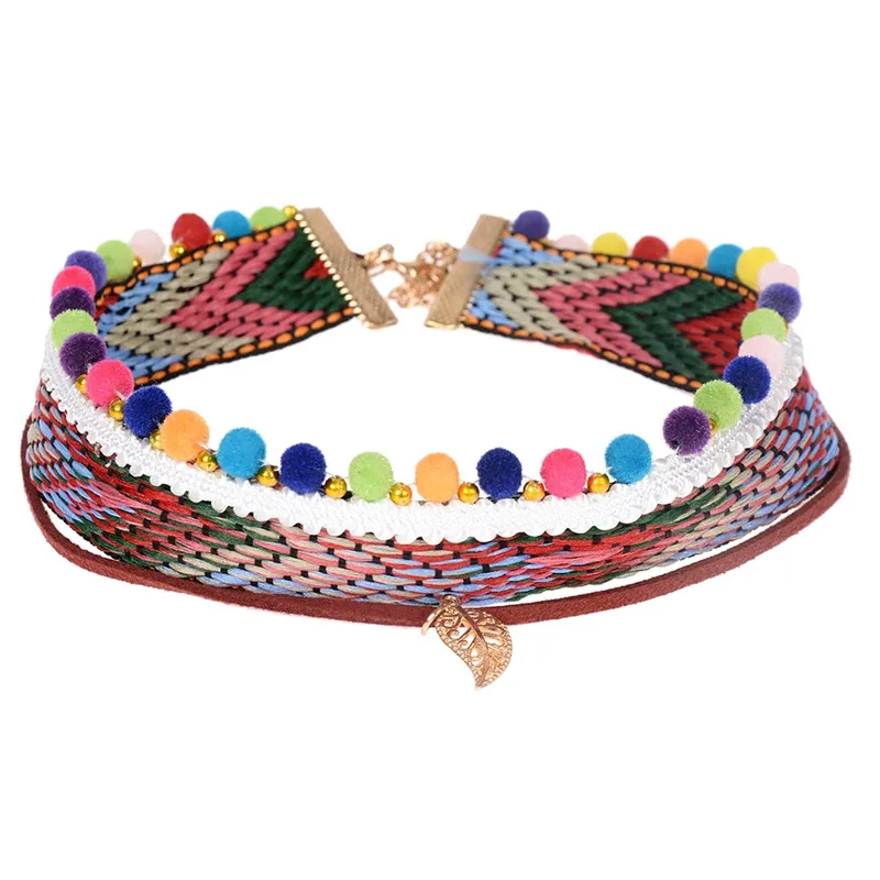 2017 Bohemia Handmade Braided Rope Choker Necklace For Women Charm Pom Ball Leaf pendant Statement | Украшения и аксессуары