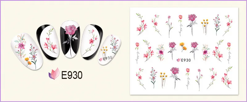 11 шт./лот, самоклеющиеся 3D наклейки для ногтей, татуировки, цветок, рыба, галстук-бабочка, перо, черный кулон, фламинго, олень, колесо, E930-940