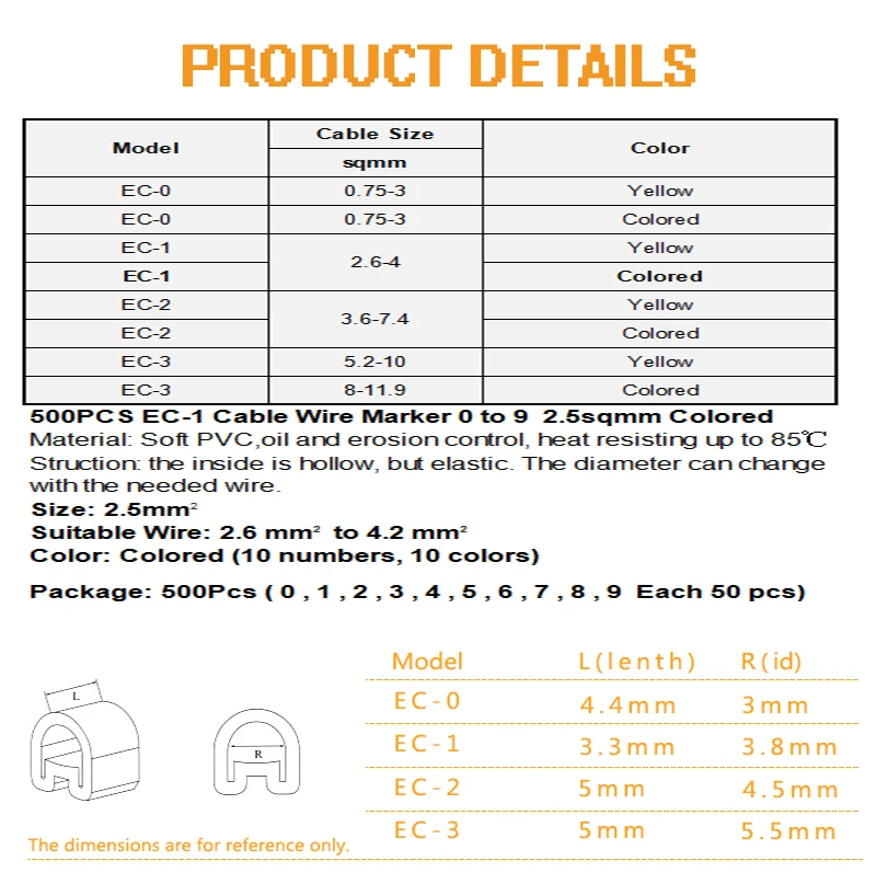 500 шт для смешанного номера 0-9 EC-1 Маркер кабельной проводки номер от 0 до 9 для размера кабеля 2,5 sqmm разноцветные ПВХ материалы