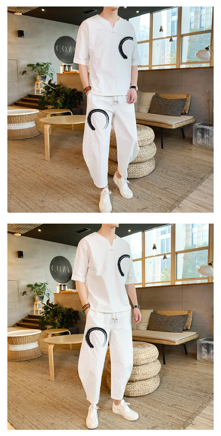 Sinicism магазин спортивный костюм для мужчин круг уличная мужские летние вышитые, льняные комплекты из 2 предметов мужские китайские винтажные джоггеры костюмы