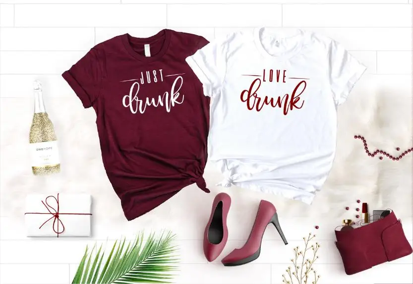 

PADDY DESIGN Love Just Drunk T-shirt Wedding Bridal Party Bride Bachelorette Women Top Letter Print Tumblr Tee Bridesmaid TShirt