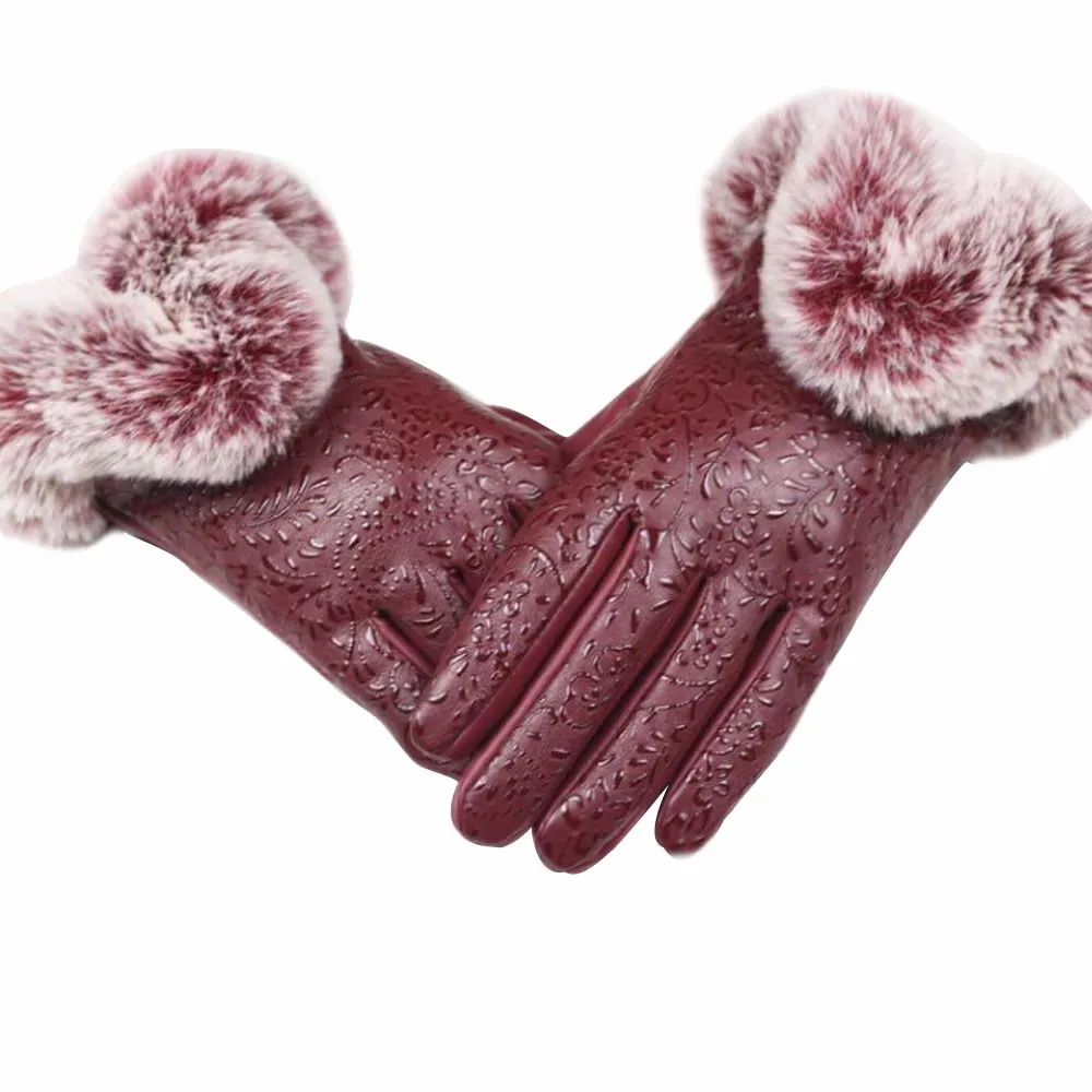 Осень-зима теплый мех кролика варежки перчатки для Для женщин женская обувь из PU искусственной кожи с цветочным узором Полный Finger Luvas для