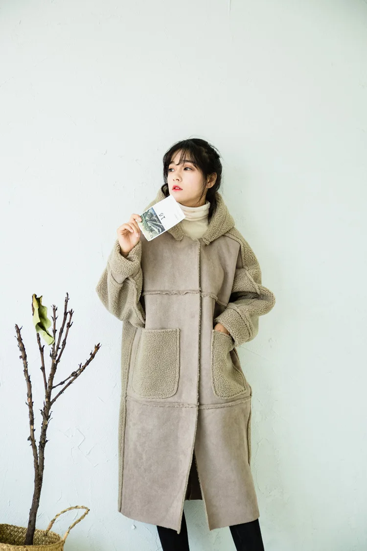 Осенне-зимняя одежда для женщин, свободное замшевое пальто из овечьей шерсти, куртка с капюшоном, длинное пальто, женская ветровка, толстая парка, верхняя одежда для девочек