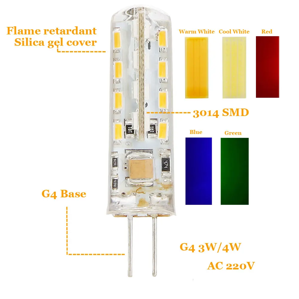 10 шт./лот G4 3 Вт 4 Вт 24 светодиода 32 светодиода SMD 3014 Светодиодные лампы Кристальные лампы для люстры 220 В зеленый красный синий заменить 30 Вт галогенный светильник