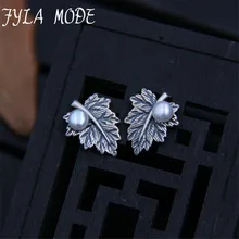 Vintage 100% Genuine 925 Sterling Silver Leaves Maple Leaf Shell Pearl Stud Earrings for Women Fine Plant Jewelry 11*13mm