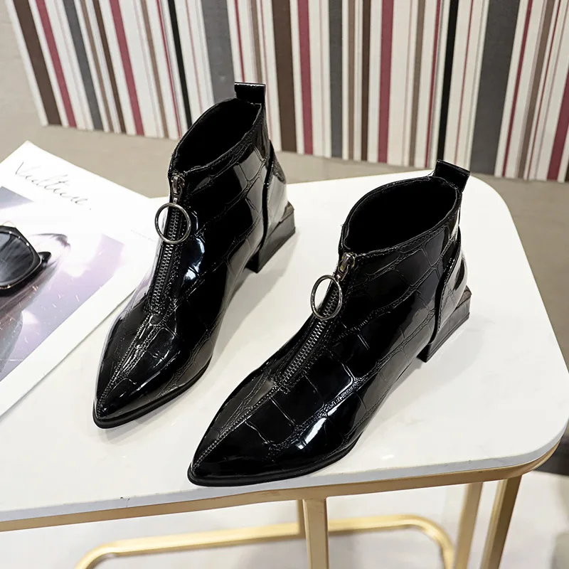 

Front zipper japanned leather ankle boots women shoes crocodile grain chunky heels ladies chelsea booties winter short botines