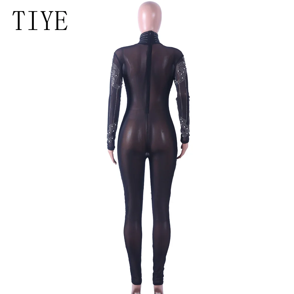 TIYE Sparkly Rhinestone Diamonds Sexy Party Jumpsuit Women Elegant Beaded Embellish Mesh Patchwork See Through Bodycon Overalls