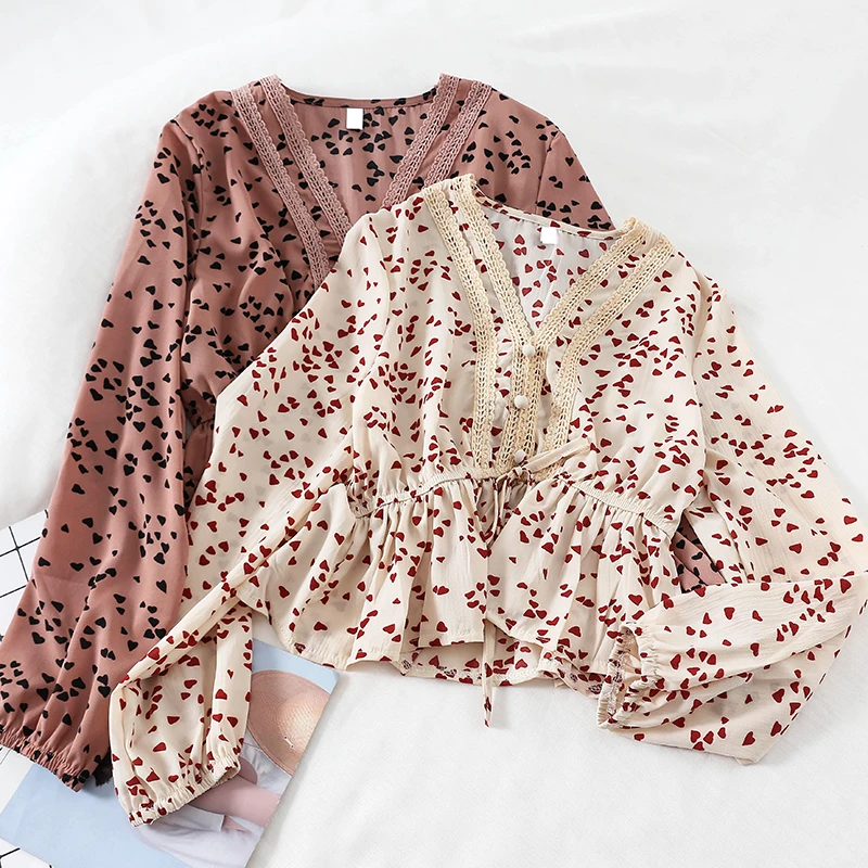 

New Spring Summer Heart Print Patchwork Lace Blouses Women Elegant Slim Drawstring V-Neck Shirt Long Sleeve Pullovers Tops Mw661