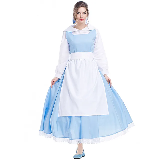 cosplay belle costume beauty and the beast women blue dress with white apron and headwear halloween
