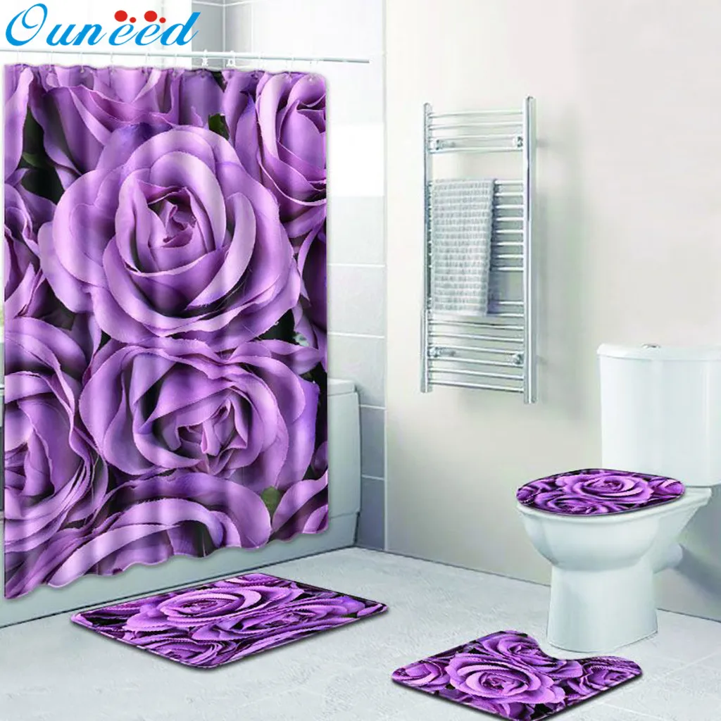 

Ouneed 4PCS flowers love heart print Bathroom Shower Curtain set Non Slip pattern waterproof Toilet Shower curtain Cover Mat set