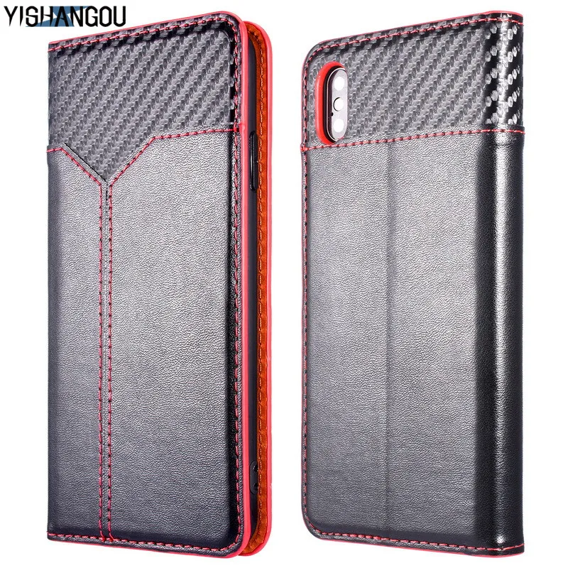

Luxury Carbon Fiber Flip Wallet Phone Case for iPhone X XR XS Max 6 7 8 6S Plus 10 Genuine Leather Card Slots Stand Holder Cover