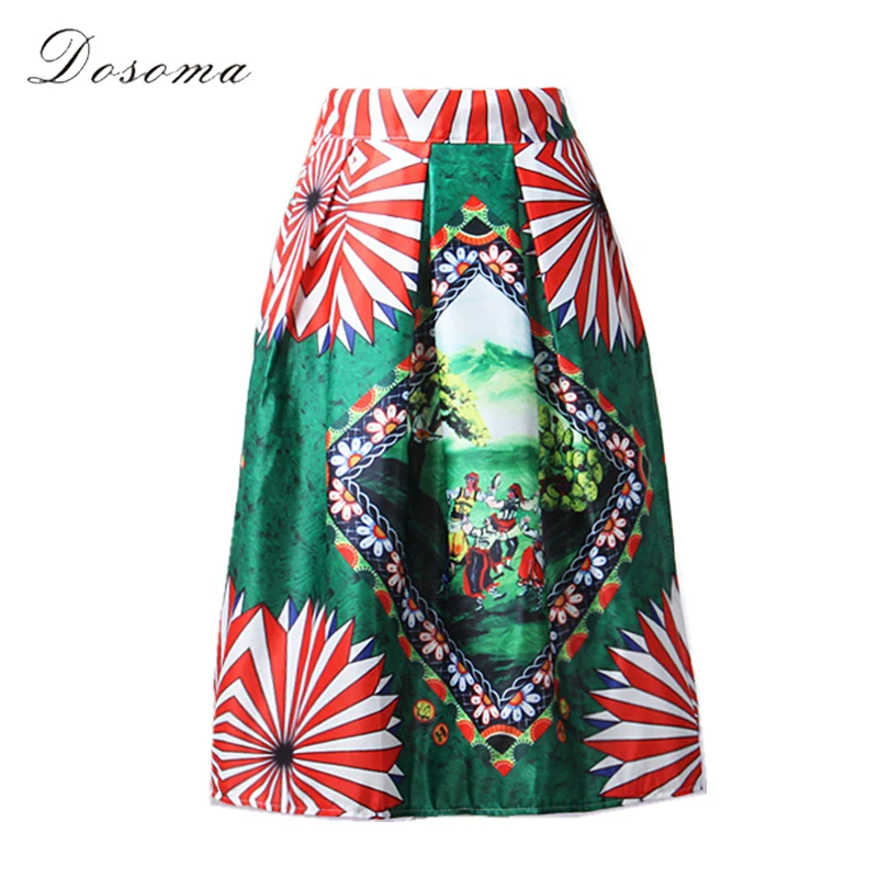 retro photo frame paint printed skirt midi 2017 fashion high waist full
