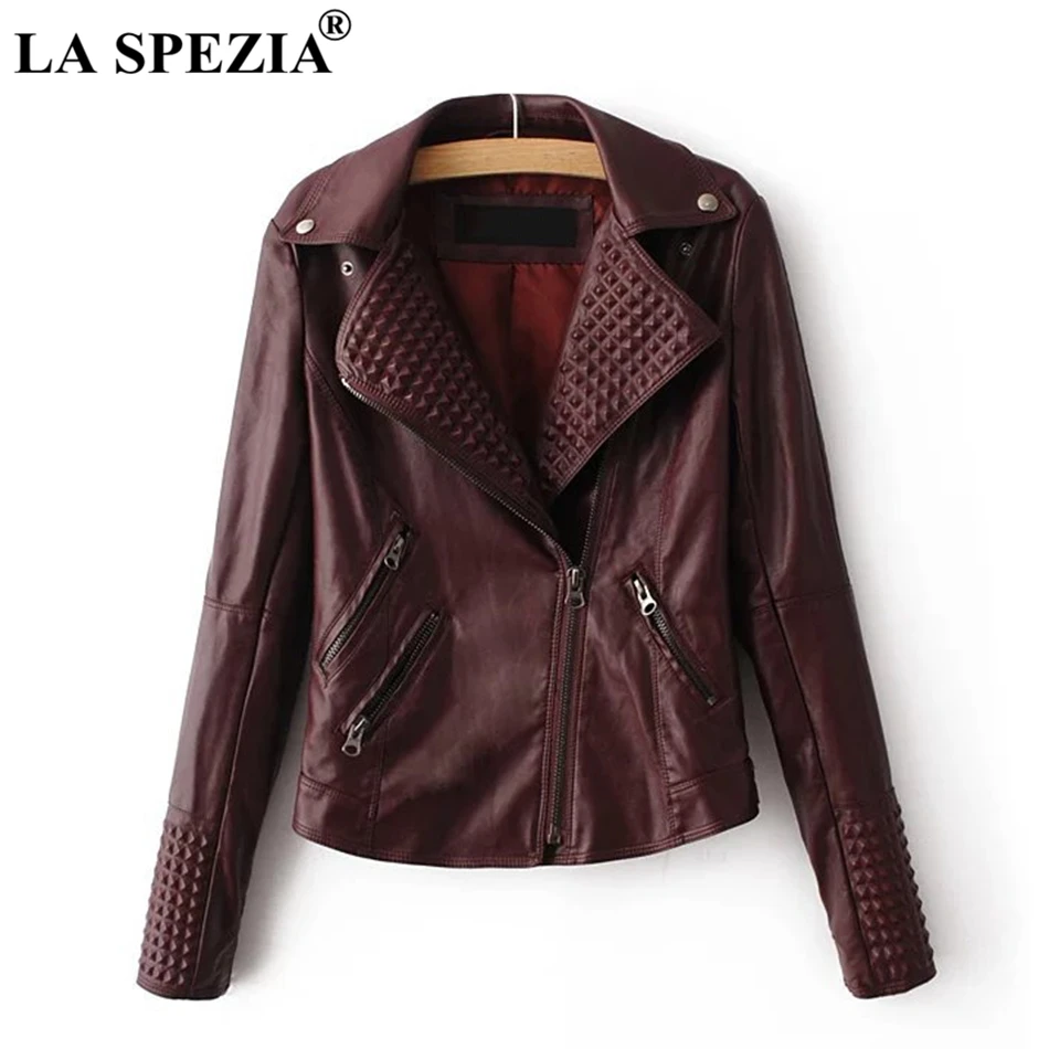 LA SPEZIA Red Jacket Women Biker Motorcycle Coats Leather Female Punk Rock Cuff Zipper Pocket Asymmetrical Autumn Jacket 2019