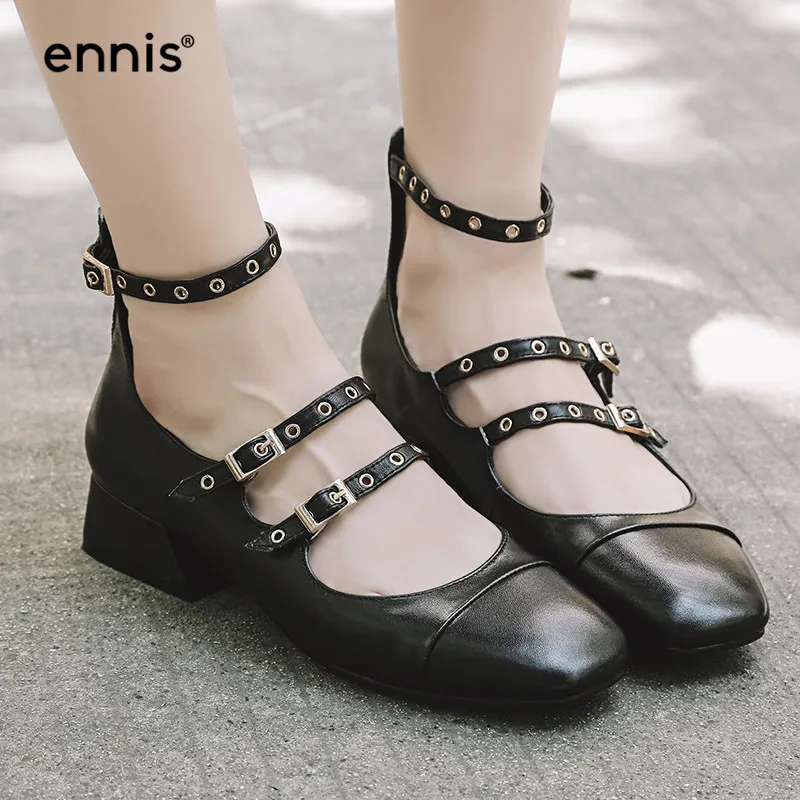 

ENNIS 2019 Mary Janes Women Ankle Strappy Shoes Med Heel Ladies Preppy Casual Shoes Retro Vintage Buckled Pumps Heels New P828