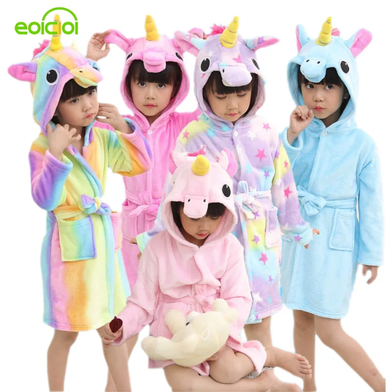 EOICIOI Kids Boys Girls Bathrobes Flannel Hooded Cartoon Pegasus Children Towel Robes Autumn Winter Baby Clothes Sleepwear