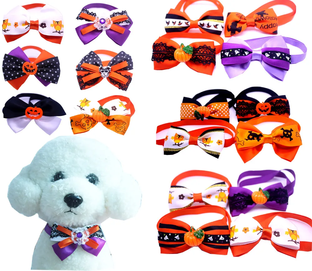 

50pc Halloween Dog Accessories Pumpkin Skull Dog Pet Cat Bow Tie Collar Puppy Samll Dog Bowtie Party Holiday Pet Supplies