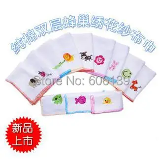 

Lovely Embroidered double layer cotton gauze small squares towel Saliva towel baby handkerchief 20pcs/lot Pattern is random