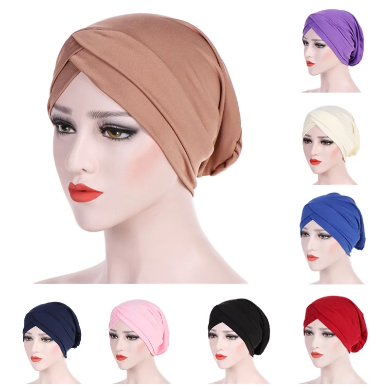 Muslim Fashion Women's Hijabs Elastic Cloth Cotton India Cap Cross Scarf Inner Hijab Cap Headband Turban Head Scarf Headwrap