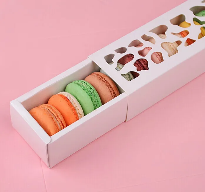 

200pcs Luxury White Long Hollow Macaron Box Cupcake Container Chocolates Packing Box Baking Package cookie box