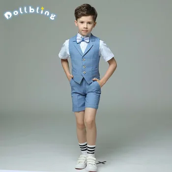

4Pcs/Set Boy's Blue Plaid Suit Summer High Quality Birthday/Performance/Wedding Costume For Handsome Boy's Formal Blazers Suits