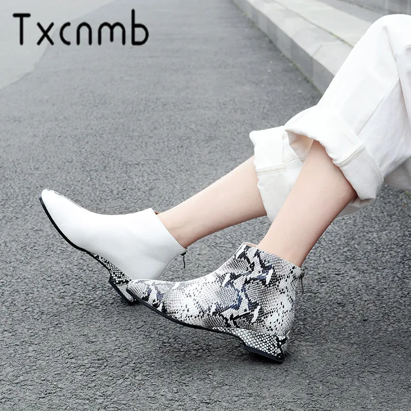 

TXCNMB Boots Women Genuine Leather Ankle Boots Square Low Heel Round Toe Fashion Black Botas Ladies Shoes Woman